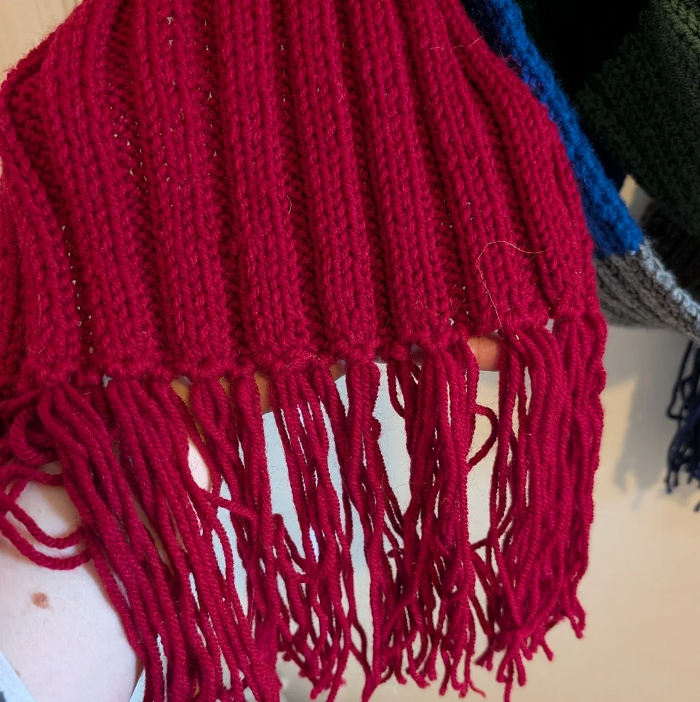 Hand Knit Ribbed Dr. Who Style Color Block Scarf With Fringe
